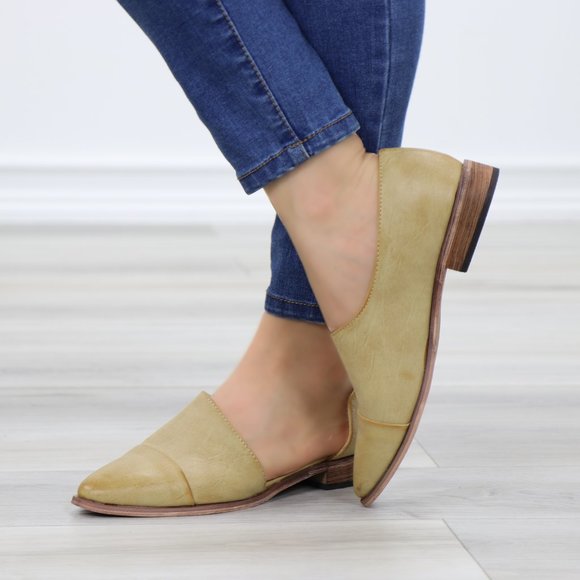 Beige Opened Side Pointy Slip On Flat Loafer - Picture 7 of 9